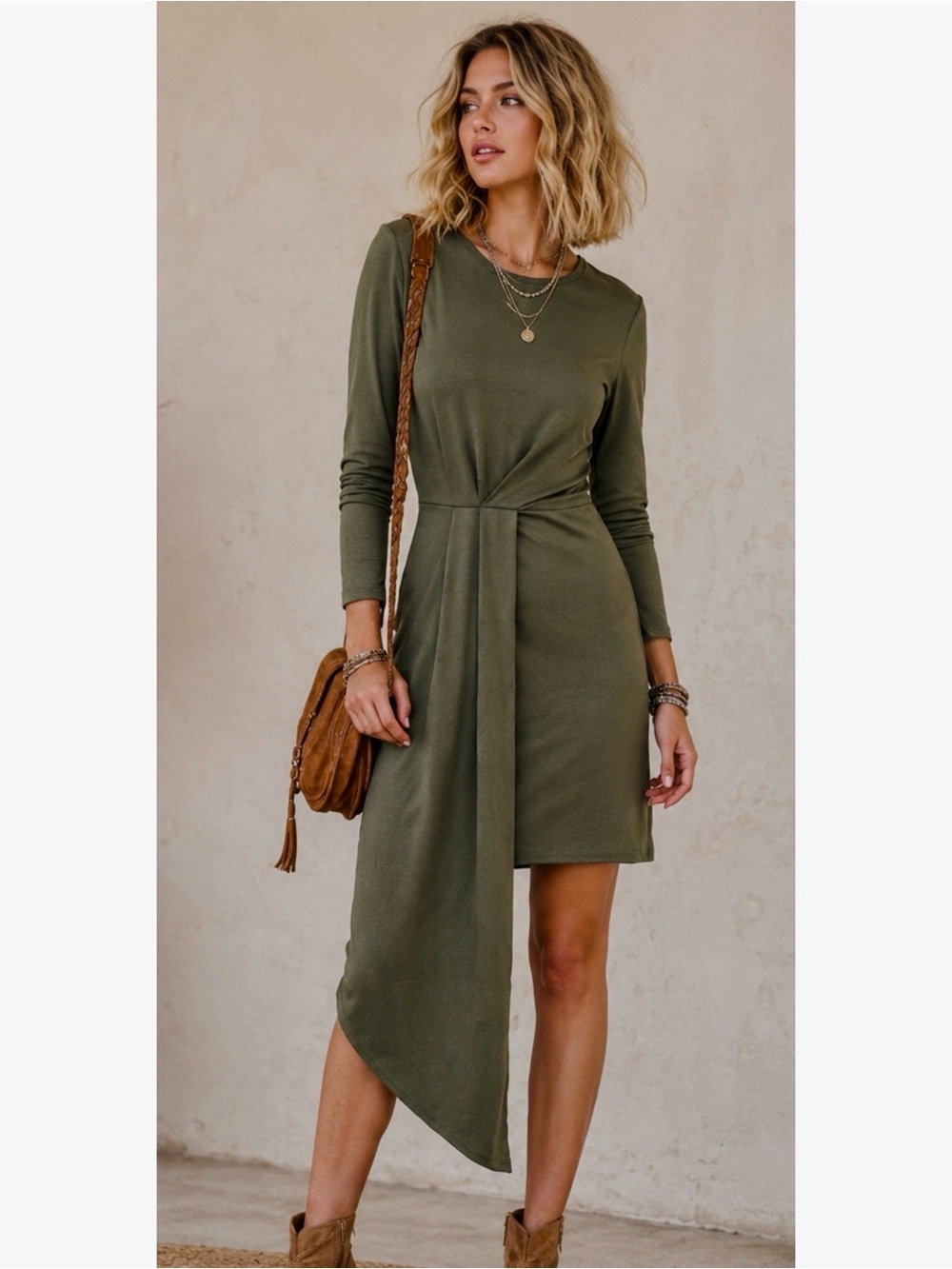 NWT Bar III Asymmetrical Dress Long Sleeve Dusty Olive Autumn Green Women’s M